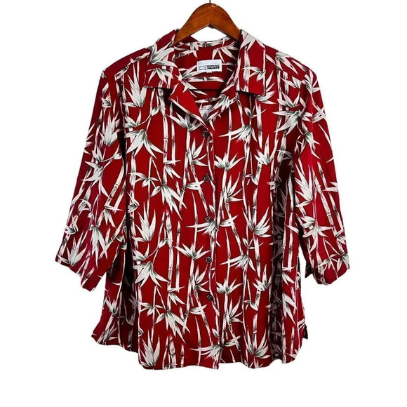 C.M. Shapes Womens Red Button Up Shirt 1X Bamboo Overall Pattern Print Retro 90s - Picture 1 of 7